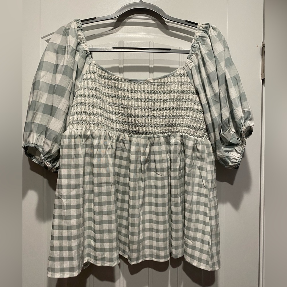 Mittoshop Mint Gingham Smocked 3/4 Sleeve Top NWT